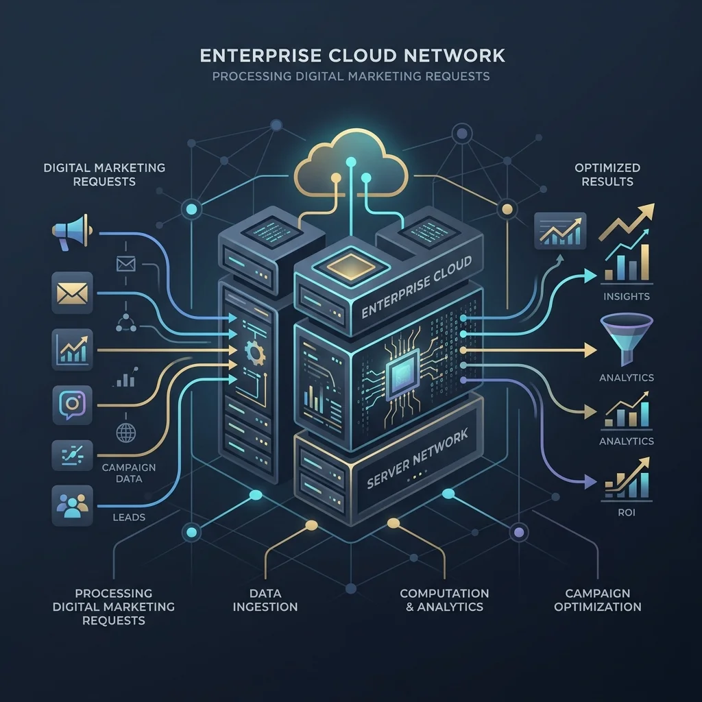 SMM Panel: Minimalist luxury vector illustration of an enterprise cloud server network processing digital marketing requests