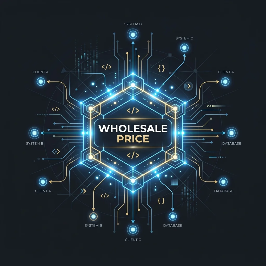 SMM Panel: Minimalist luxury vector illustration of a glowing API routing node showing wholesale price