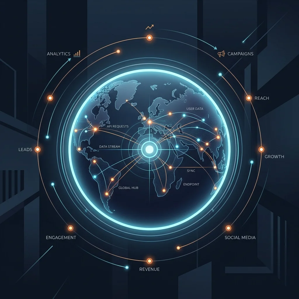 SMM Panel: Minimalist luxury vector illustration of a glowing digital globe showing international API connections and marketing nodes