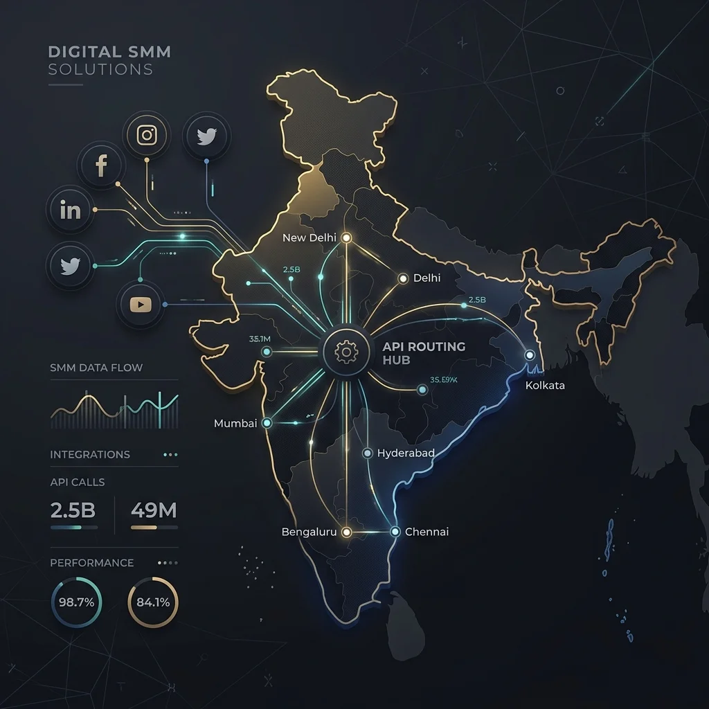 SMM Panel: Minimalist luxury vector illustration of an Indian map integrated with a digital SMM API routing node
