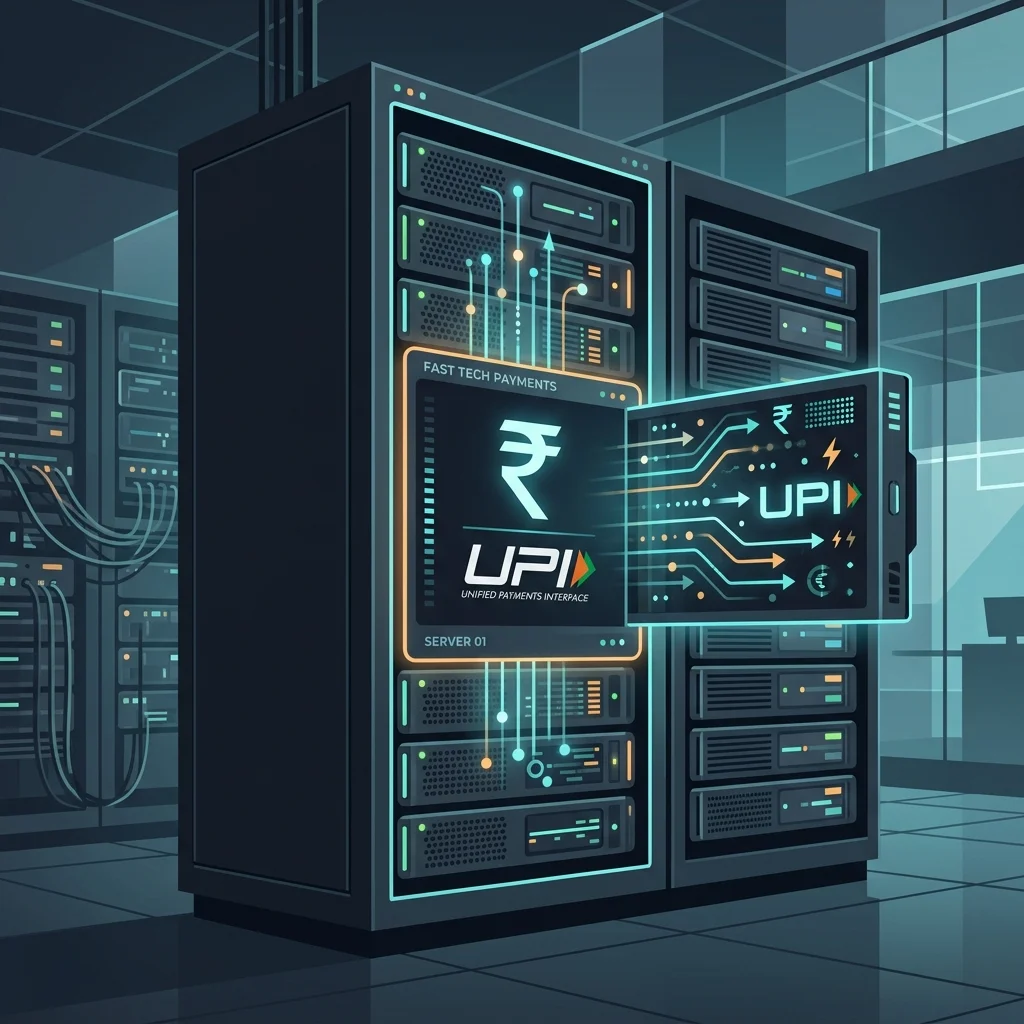 SMM Panel: Minimalist luxury vector illustration showing Indian Rupee (INR) and UPI payment symbols seamlessly integrated into a fast tech server