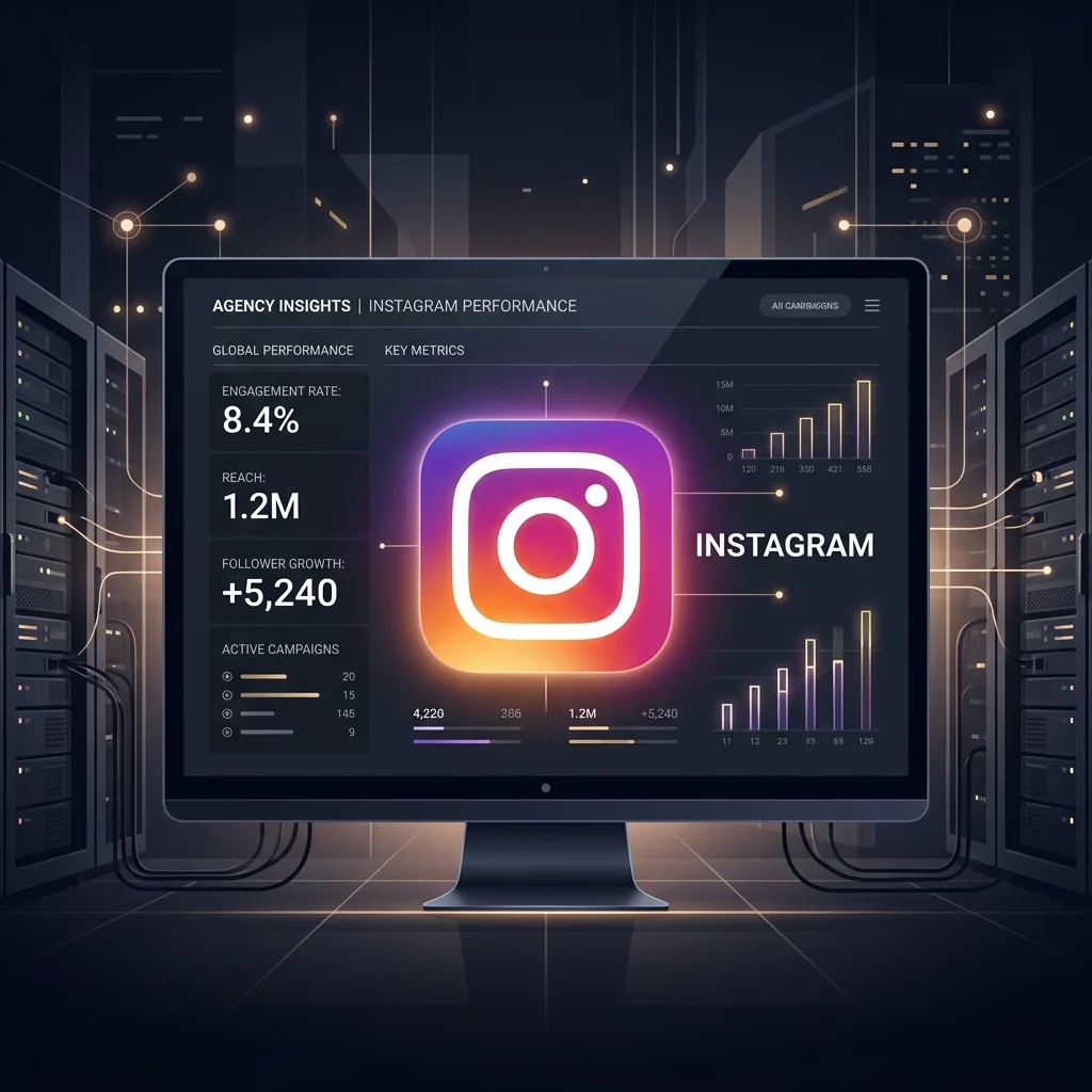 SMM Panel: Minimalist luxury vector illustration of the Instagram logo glowing on a digital marketing dashboard server