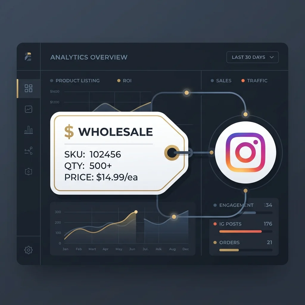 SMM Panel: Minimalist luxury vector illustration of a wholesale price tag connected to the Instagram logo on a tech dashboard