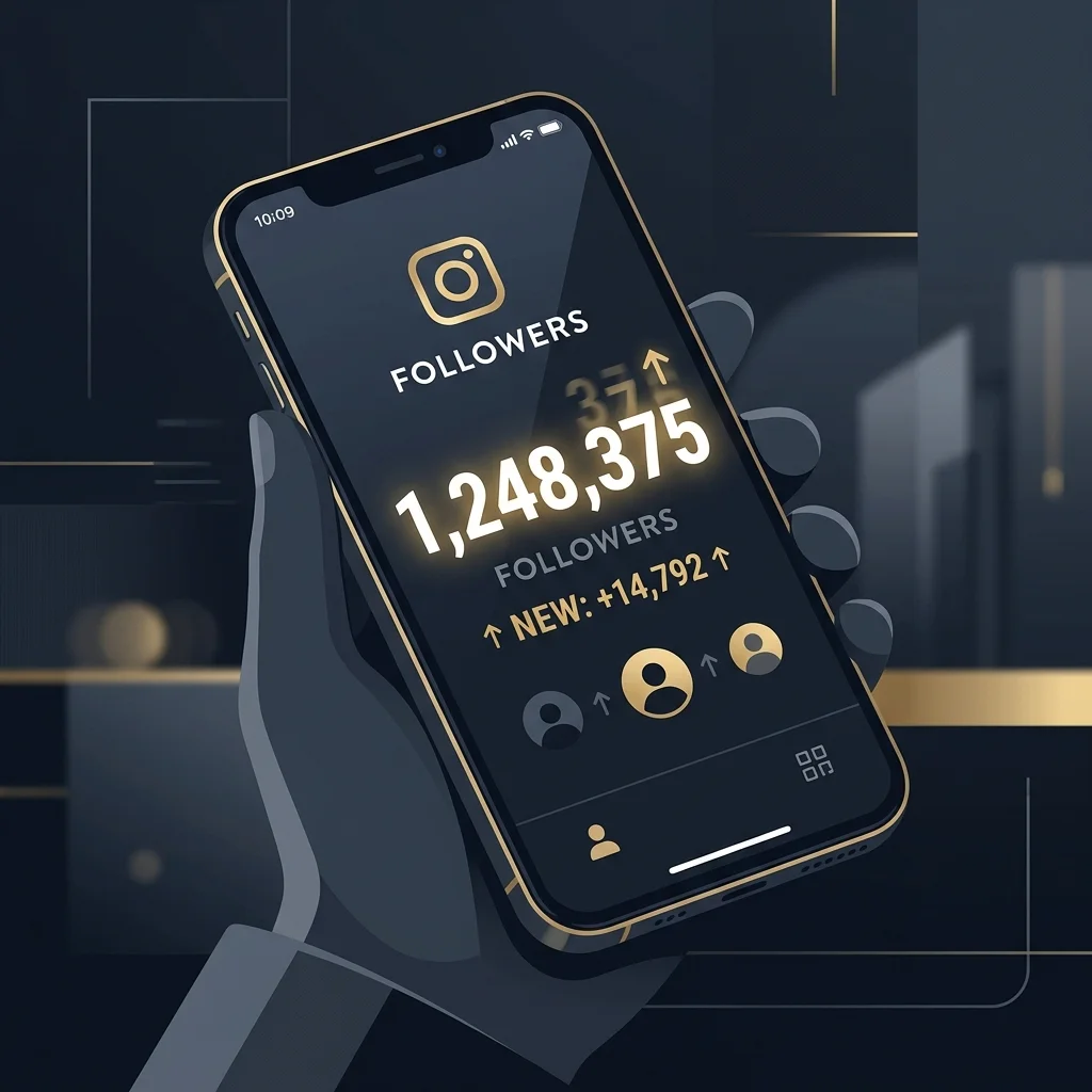 SMM Panel: Minimalist luxury vector illustration of an Instagram follower counter rapidly increasing on a sleek smartphone screen