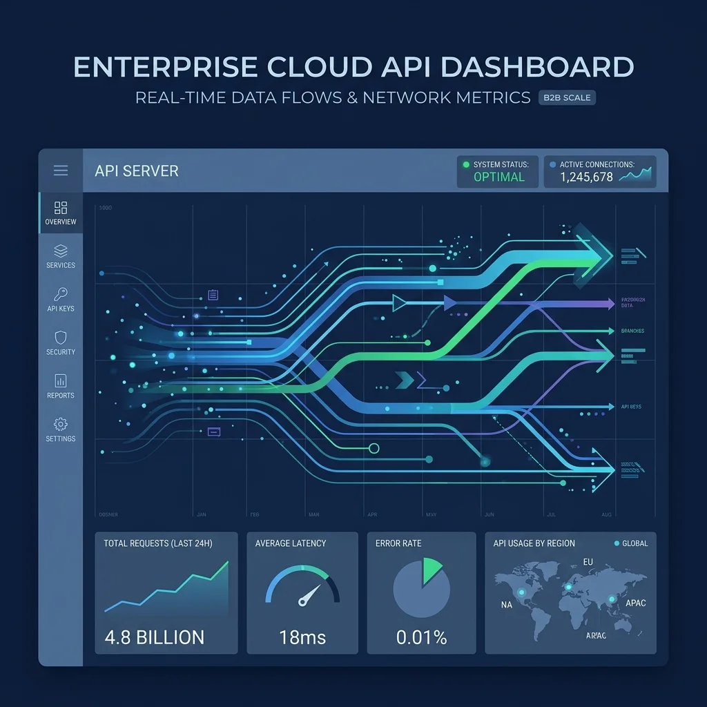 SMM Panel: Minimalist luxury vector illustration of an enterprise cloud API server dashboard showing massive data flows