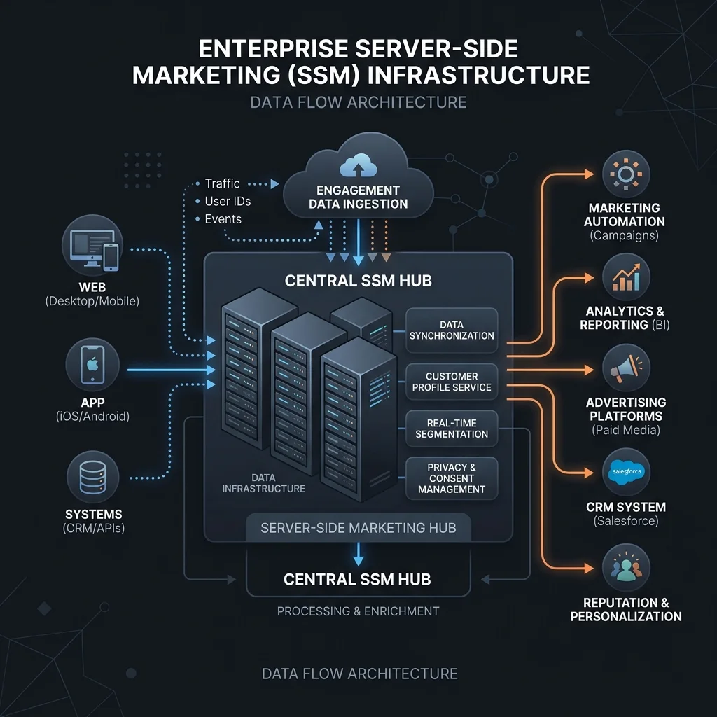 SMM Panel: Minimalist luxury vector illustration of an enterprise Server-Side Marketing infrastructure routing engagement data