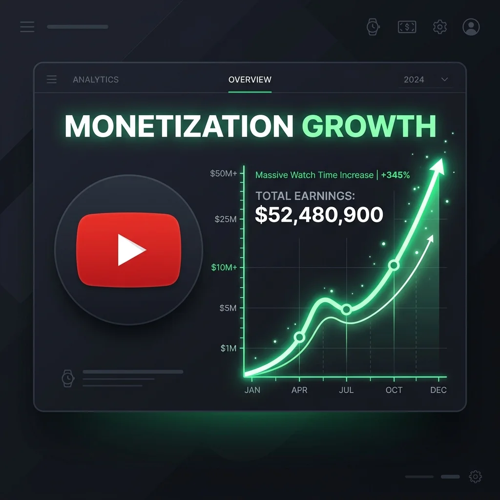 SMM Panel: Minimalist luxury vector illustration of the YouTube logo with a glowing watch time analytics graph showing massive monetization growth