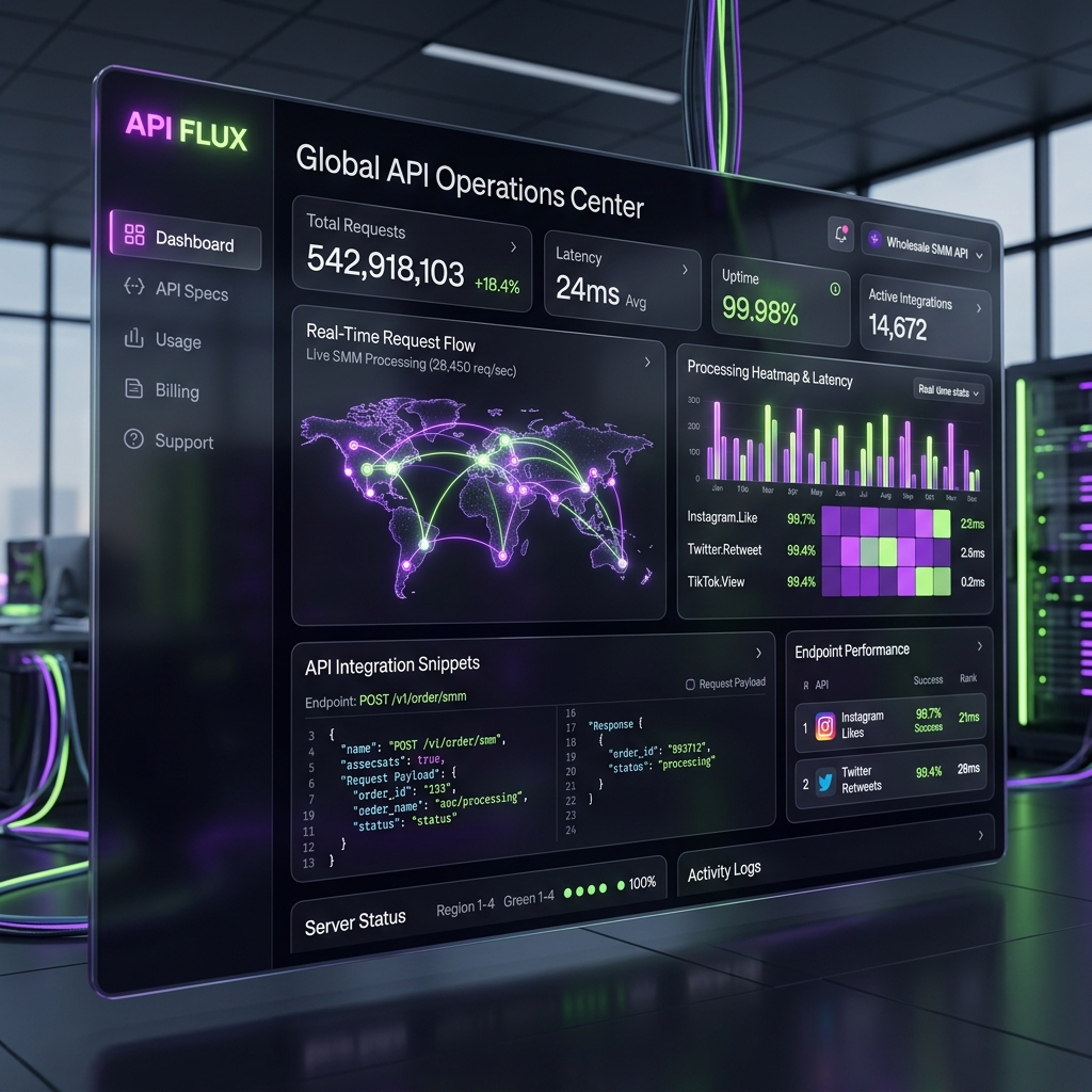 Hyper-modern 2026 B2B SaaS dashboard interface for a wholesale SMM API provider showing live node traffic